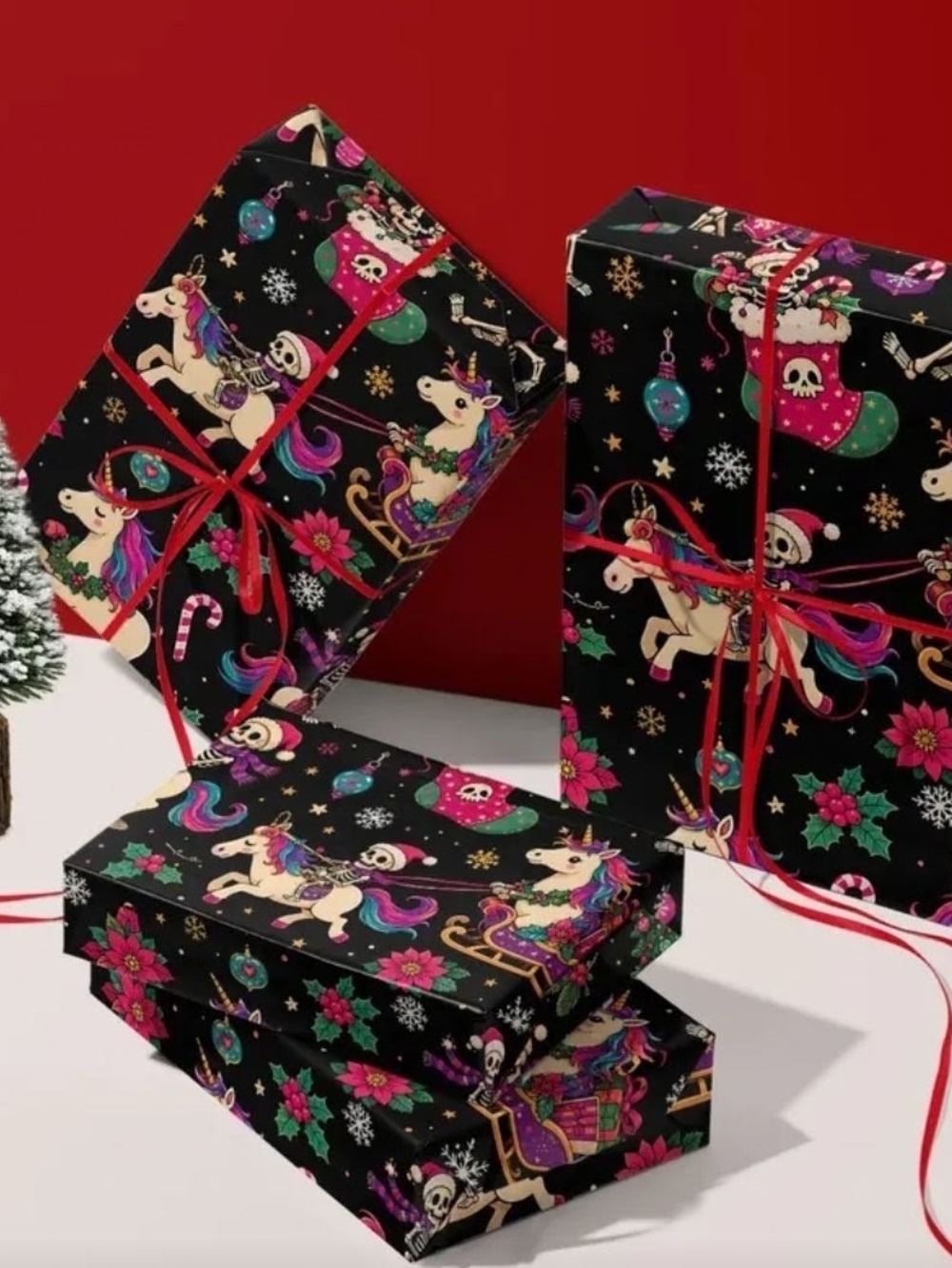 Festive Christmas Unicorn Skull Gift Wrap Roll